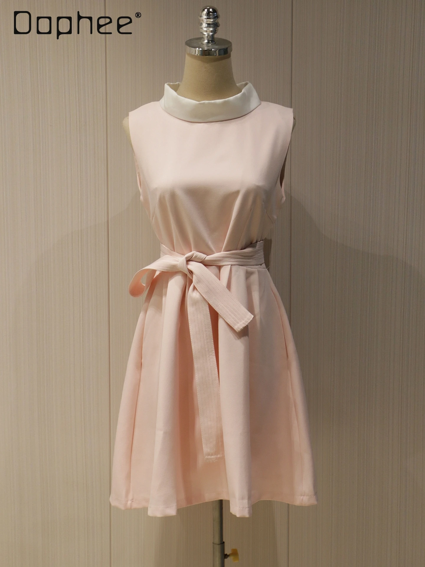 

French Sweet Pink Sleeveless Dress Women Summer New Temperament Socialite Round Neck Splicing Color High Waist Slim Mini Dress
