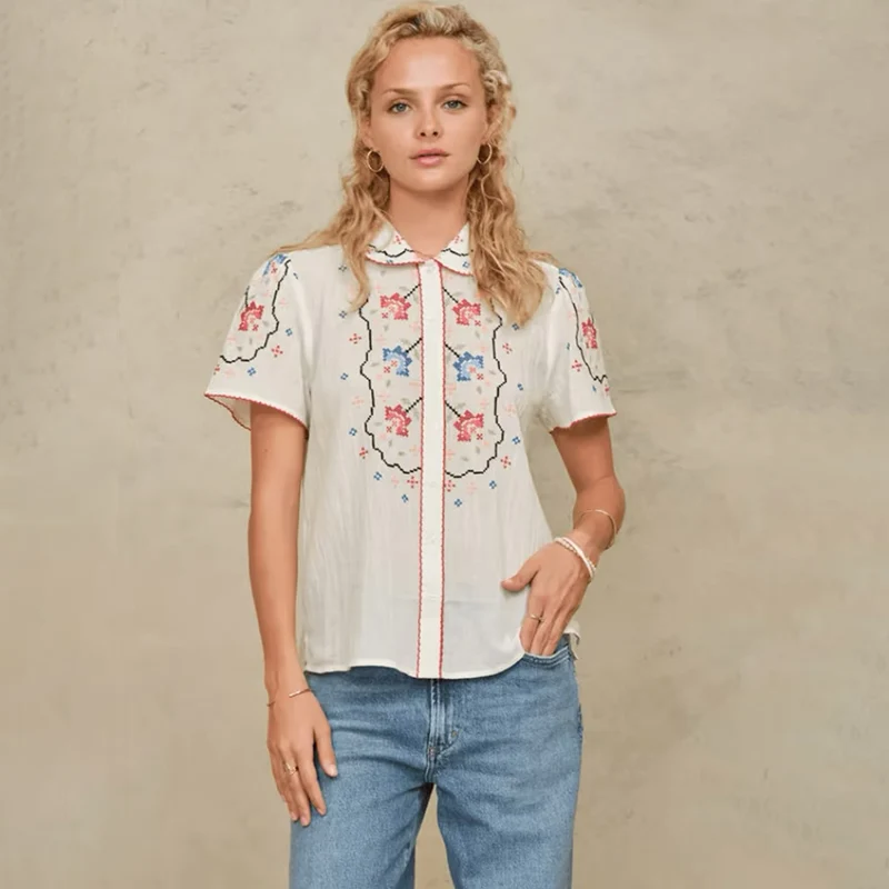 

Elegant Embroidered Cotton Shirt Short Sleeve Doll Collar Anti-Aging Summer New Arrival Women's Fashion Loose Fit White Blouse