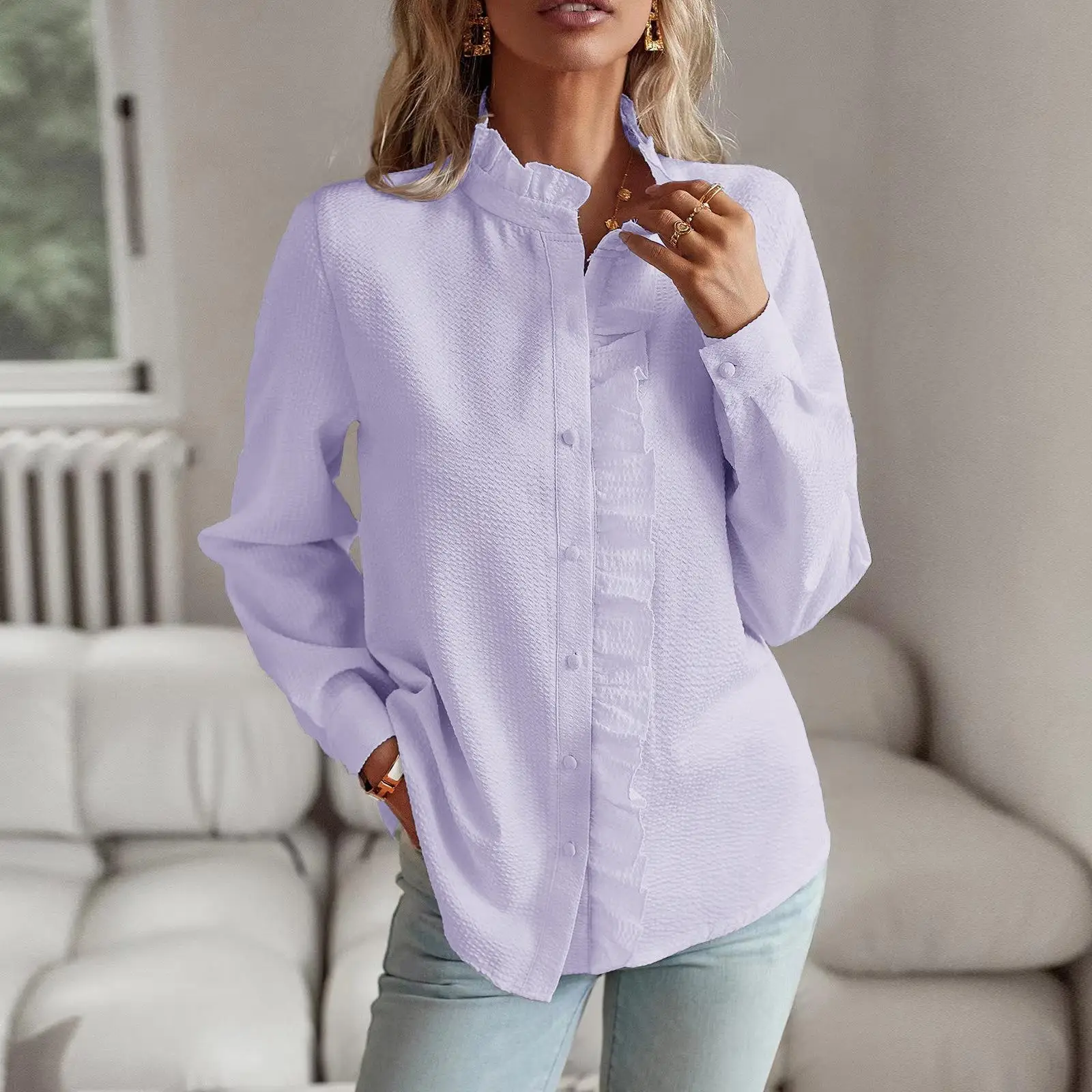 

Women's Ruffled Long Sleeve Shirt Cardigan Bubble Top Casual Style Striped Pattern Non-shrinking Longitudinal Fabric Composition