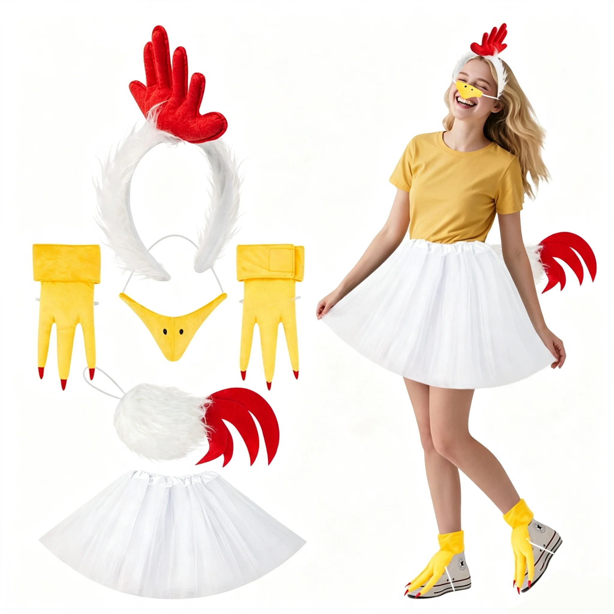 Chicken Themed Cosplay Outfit Kit Rooster Headpiece Beak Foot Covers Tail Tutu Skirt For Adult Halloween Stage Performance view 4