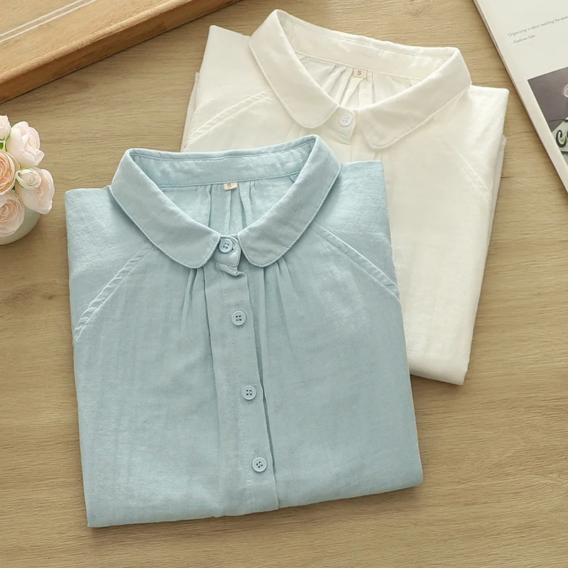 ใหม่2025ฤดูร้อนผ้าฝ้ายเส้นด้ายเสื้อแขนกุดผู้หญิงTurn-Down Collar Solid, Moriสาวนุ่มเดินทางเสื้อหลวมๆสบายๆt54713CC