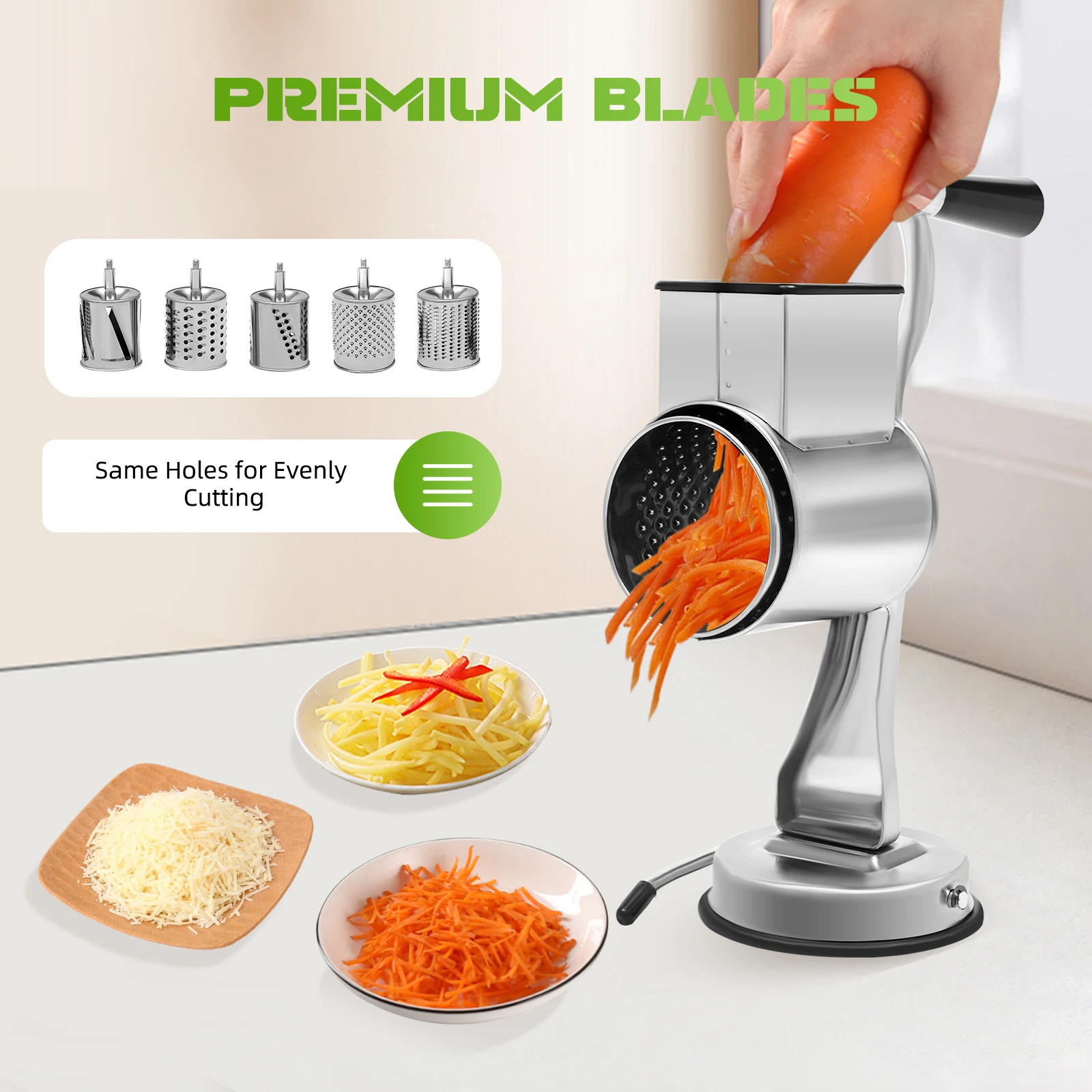 

430 Stainless Steel Rotary Grater Manual Veggie Chopper 5 Sharp Blades Suction Cup Base Cutting for Variety Fruits Vegetables