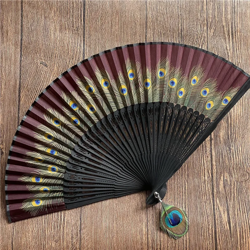 1PC Chinese Style Peacock Patterned Hand Fans Vintage Silky Handheld Folding Fan Pure Hand Embroidered Palace Fan 2025