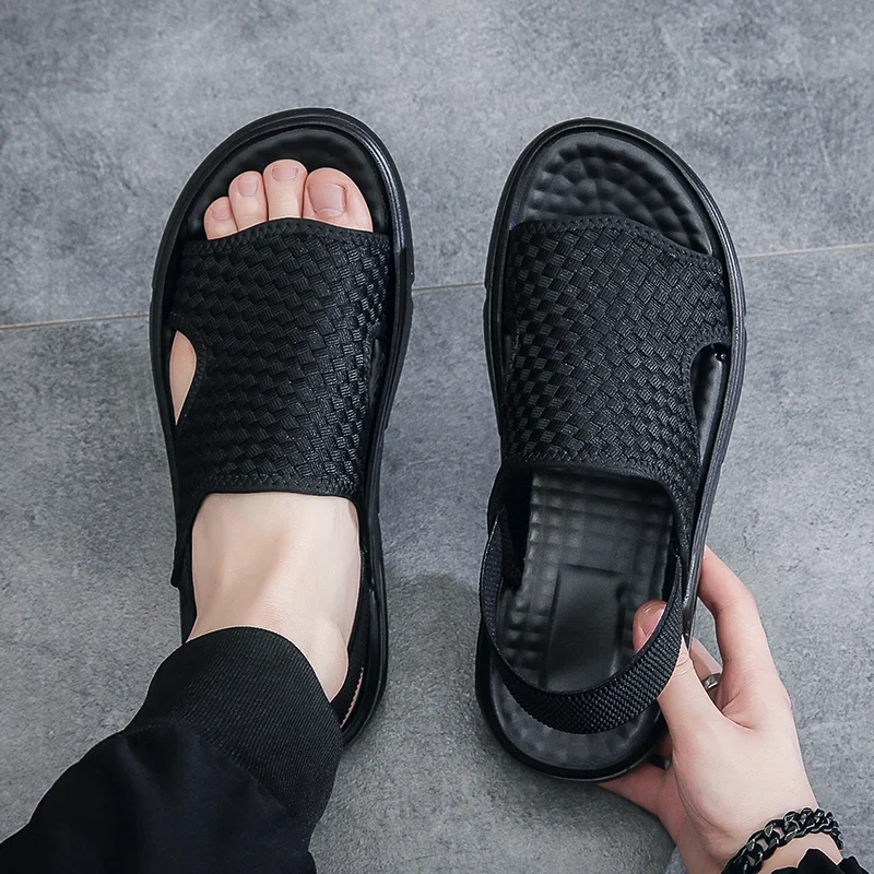 2023 Spring Autumn Daily Casual Style Men\'s Sandals Outdoor Beach Fashion Black Hombre Breathable Shoes Slip-On Walking Flat