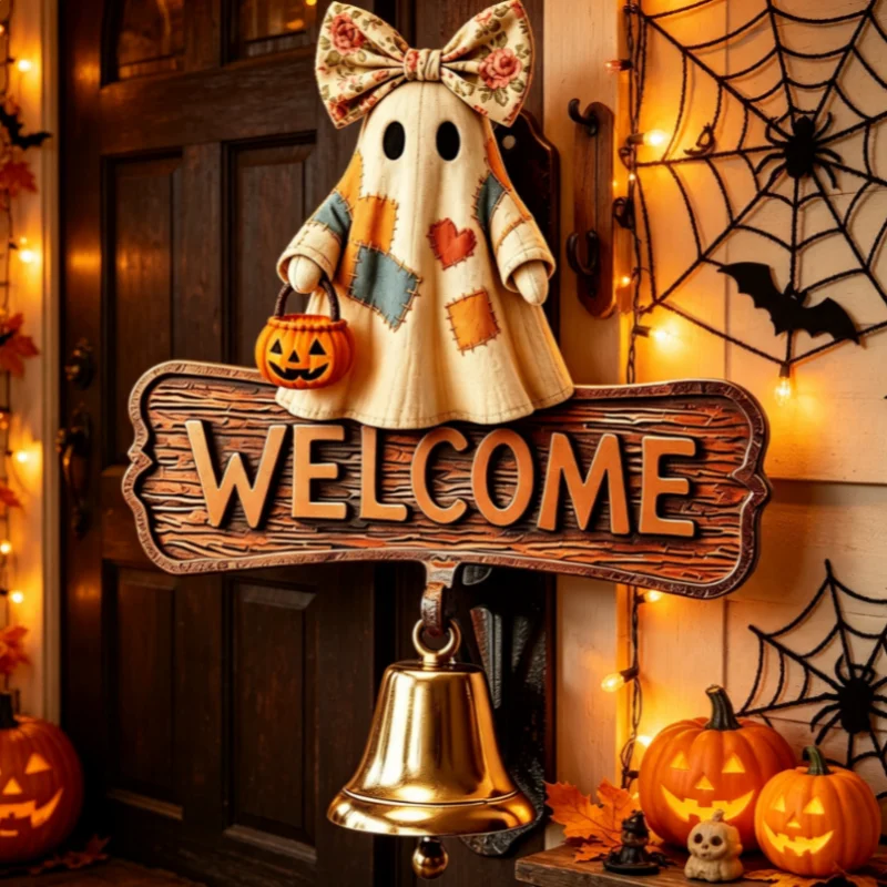 Retro Patchwork Ghost Welcome Doorbell Resin Hanging Ornament With Bell Cute Pumpkin Ghost Sign For Halloween Porch Decor