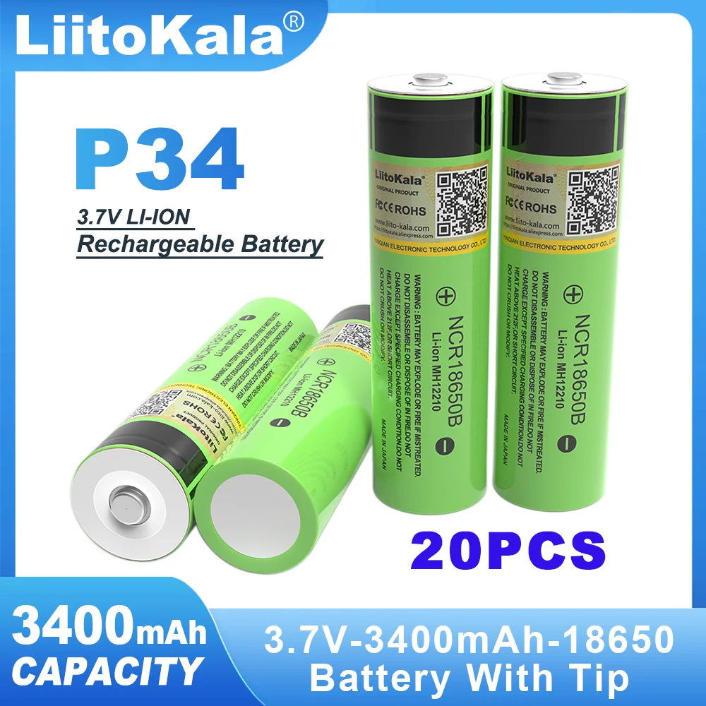 20PCS  Liitokala New Original NCR With TiP 18650B 3.7V 3400mAh 18650 Rechargeable Lithium Battery For  Flashlight Battery