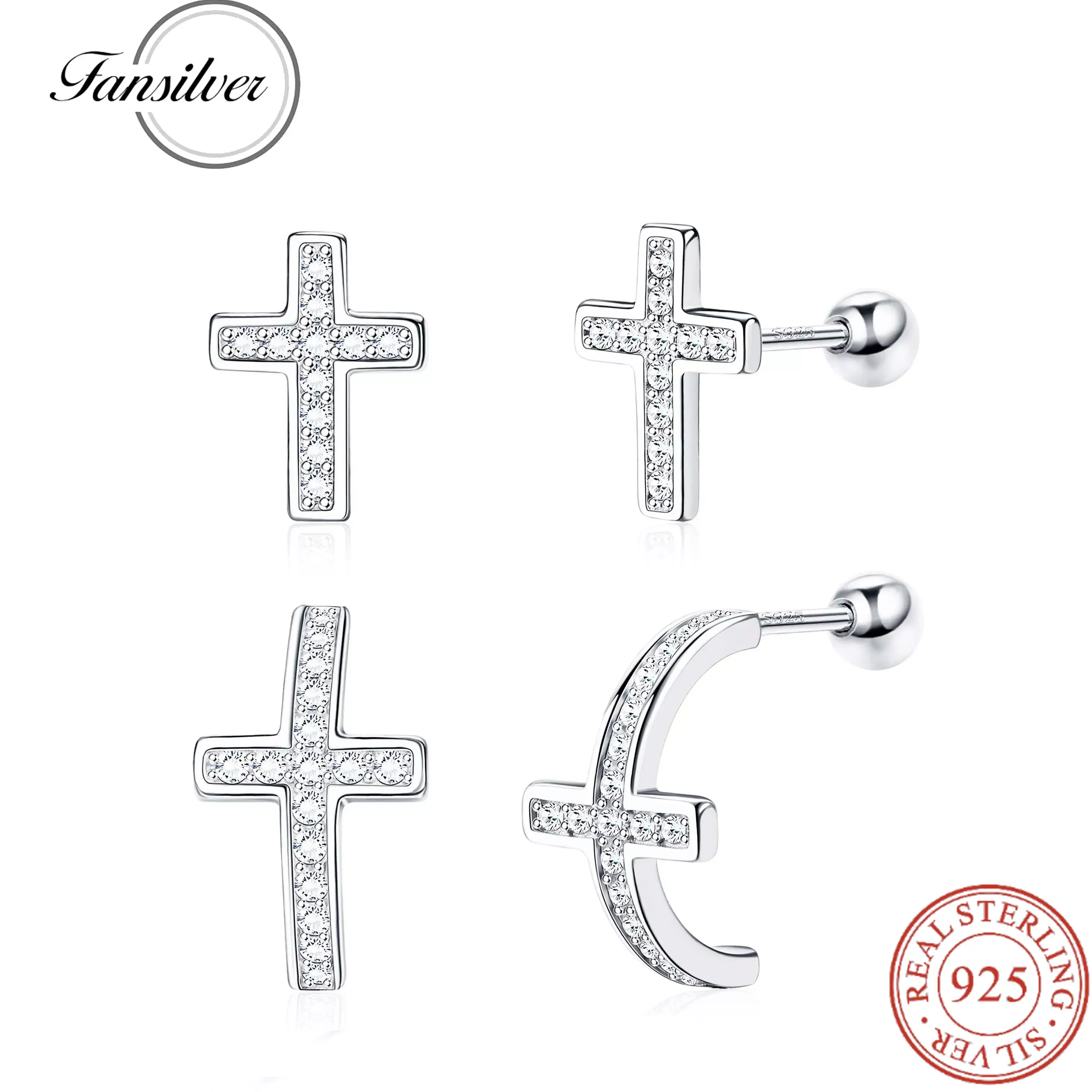 

Fansilver 2Pairs 925 Sterling Silver Cross Stud Earrings for Women Men Small Half Hoop Earrings Cubic Zirconia Cross Earring Set