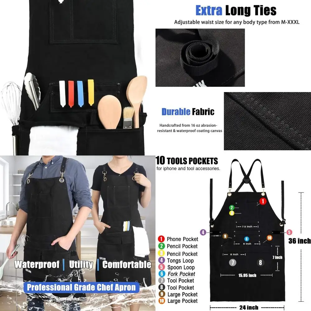 

Professional Chef's Apron with 10 Pockets - Water-Resistant Canvas for Kitchen, BBQ, and Grill, Adjustable Sizes M-XXXL, Black