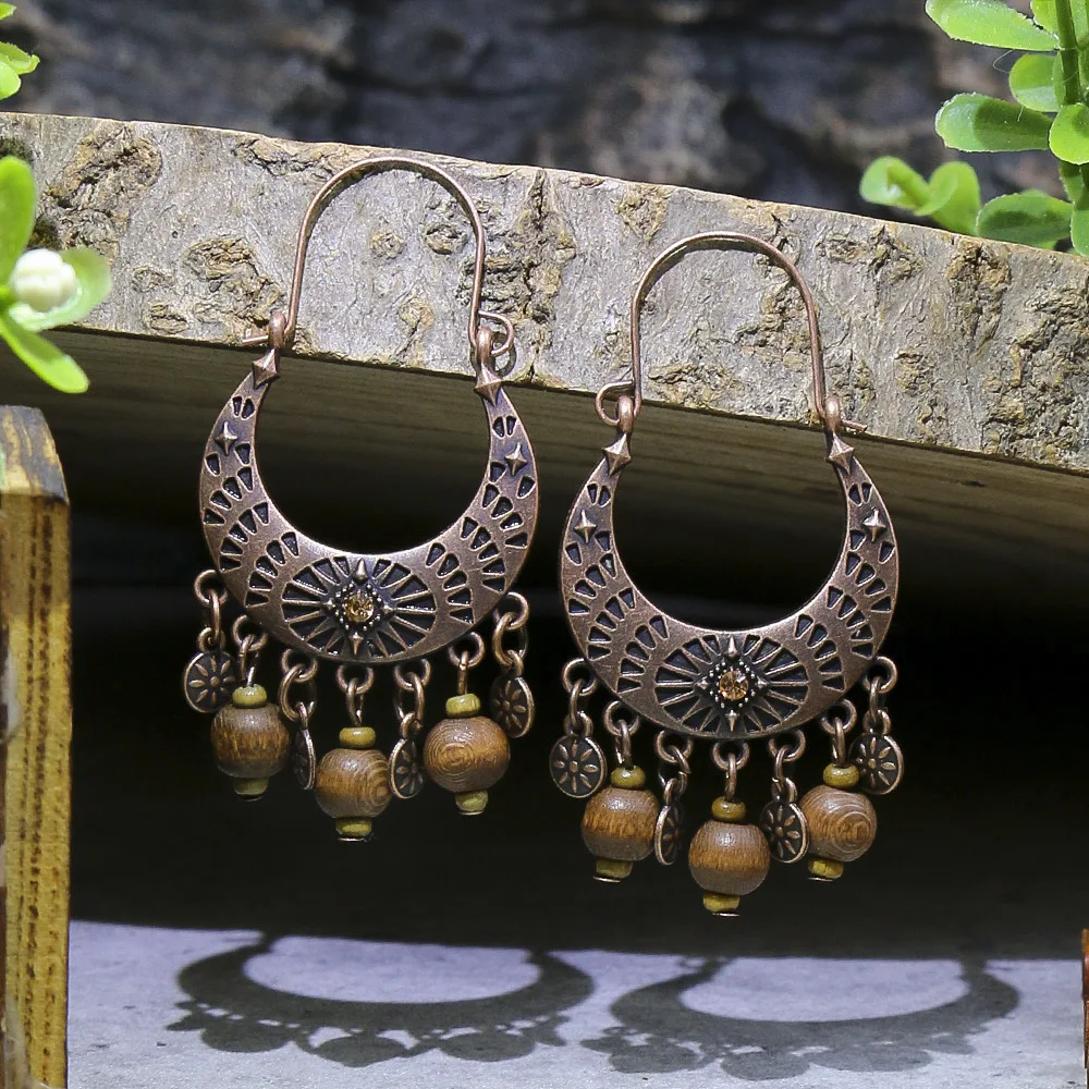 Ethnic Wooden Bead Tassel Pendant Earrings Vintage Gypsy Geometric Carved Hoop Earrings Women\'s Fashion Bohemian Jewelry