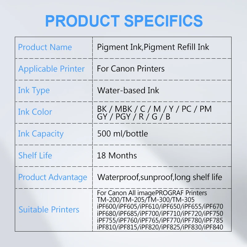 500ML Pigment Ink For Canon PFI-107 PFI-120 PFI-320 PFI-102 PFI-104 PFI-707 PFI-710 PFI-206 PFI-306 TM-200 TM-300 PF670 iPF680