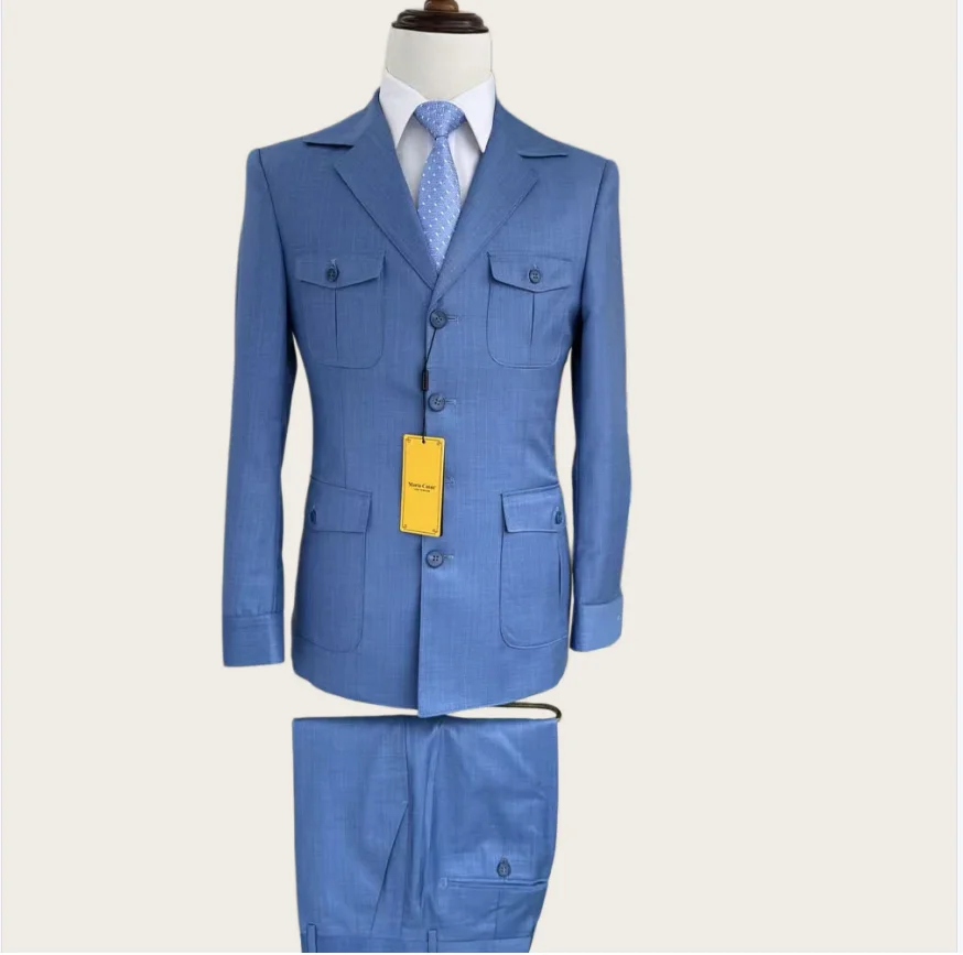 Safari Men's Suits 2 Piece Multi-Pocket Blazer Pants Set Casual Business Blazer Wedding Formal High Quality Tuxedo Customized