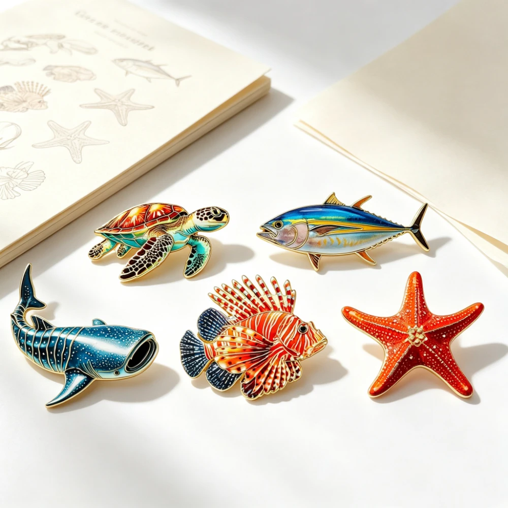 5Pcs Ocean Sea Creature Enamel Pin Set Whale Shark Lionfish Sea Turtle Lapel Brooches Decorative Pins for Backpack Clothing