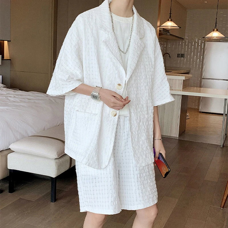 

Новые летние модные рубашки и шорты на пуговицах с лацканами, мужские костюмы из двух предметов, винтажные комплекты, повседневные мужские текстурированные жаккардовые наряды