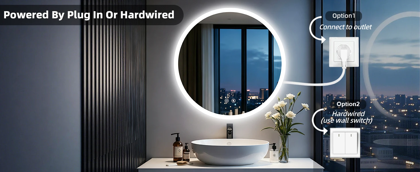 Round LED Bathroom Mirror 500 600 700 800 900mm Wall Vanity Mirror with Aluminum Frame, Anti-Fog, Stepless Dimming, 3000K/4000K/6000K,Memory Function, Backlit, Dual Buttons