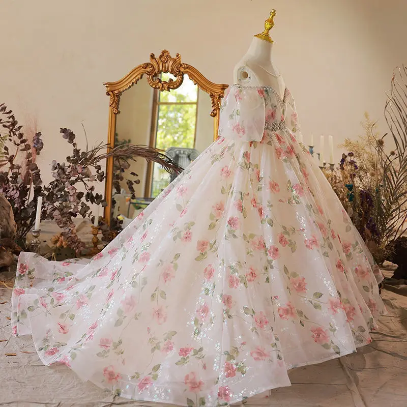 Girls' Formal with Train, Noble Children's Host Princess , High-End Model Show, Flower Girl Piano Performance Dress,