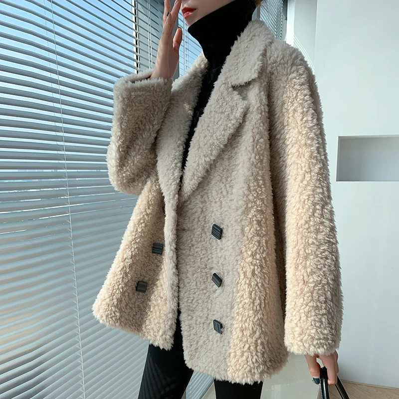 

Full wool particle sheep sheared wool coat for women's lambhair medium length large-sized fur integrated fur coat for winter