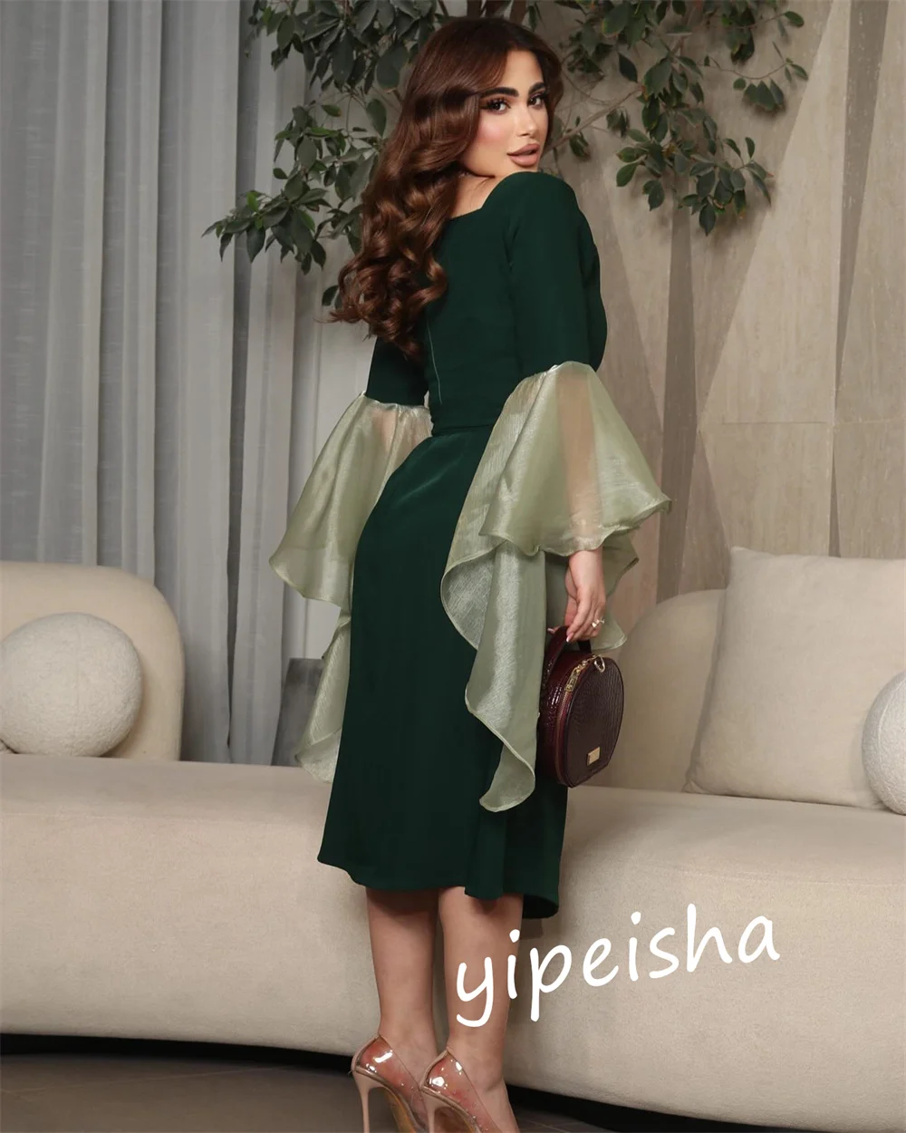 Jersey pesta pernikahan lipit, baju Midi, baju acara, leher persegi, model A-line, Jersey lipit