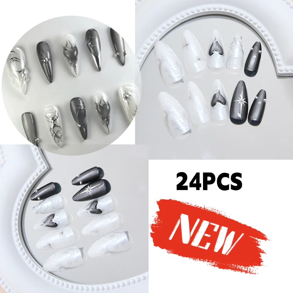 

24pcs Black Cat's Eye Press on Nails Finished Ins Wearable False Nail Sets Love Design Stick on Nails Stilettos Fake Nail Tips