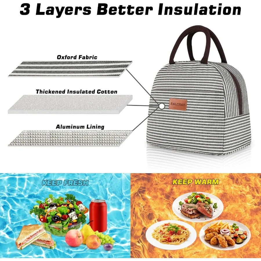 حقيبة غداء للنساء والرجال صندوق غداء معزول للبالغين حقيبة غداء قابلة لإعادة الاستخدام للعمل والنزهة أو السفر بخطوط سوداء وبيضاء #3