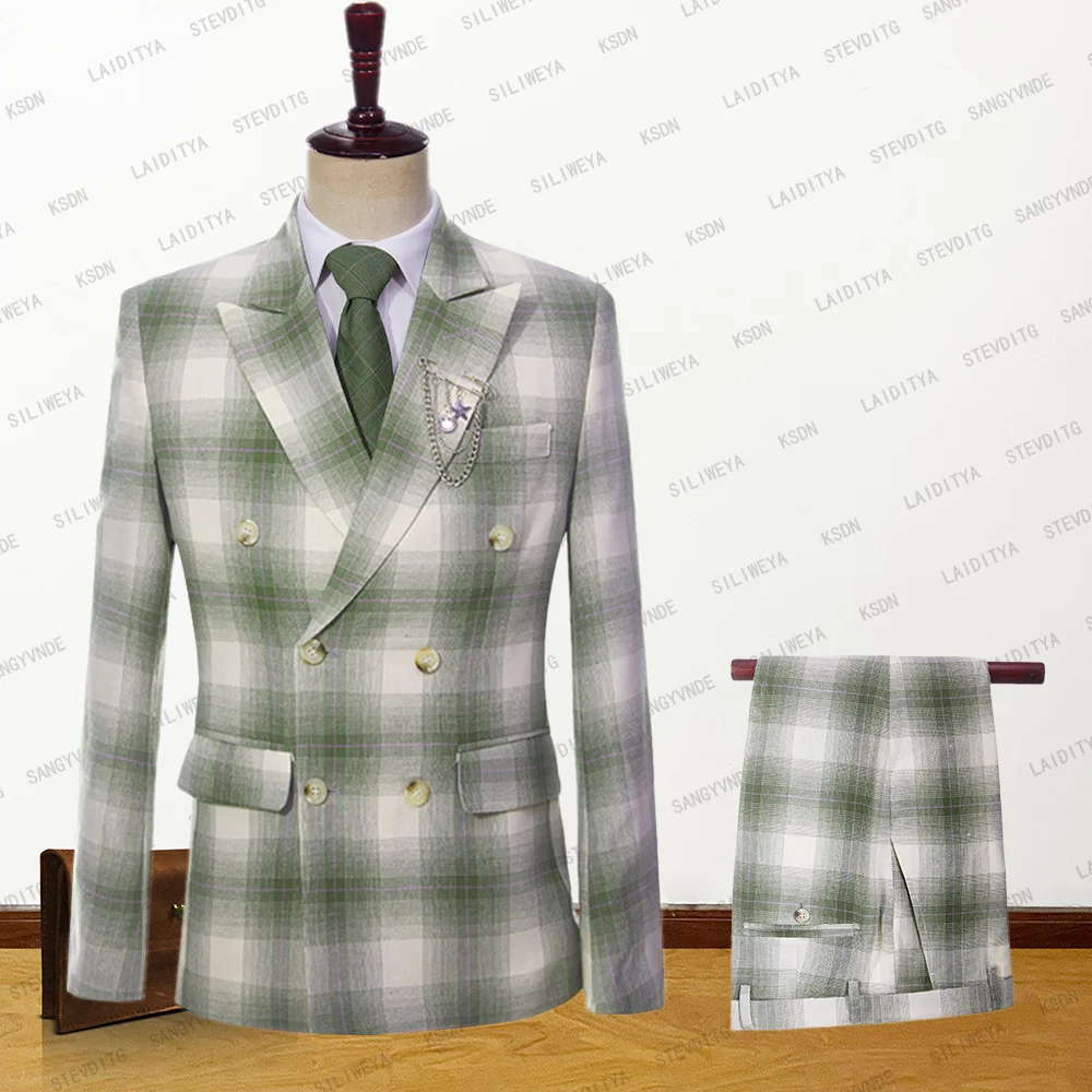 

2023 Men Suit 2 Pcs Jacket Pants New Fashion Summer British Style Business Linen Green Reto Classic Plaid Male Wedding Party