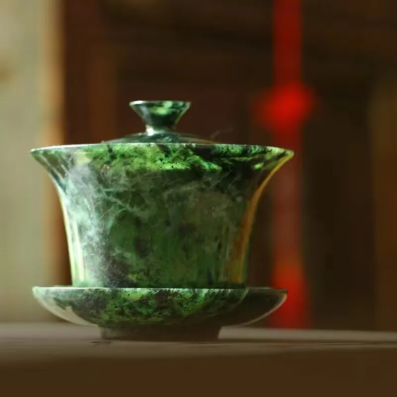 Tibetan Medicine King Stone Cover Bowl Chinese Tea Ceremony Natural Green Jade Handmade Gaiwan Healing Magnet Kung Fu Teaset