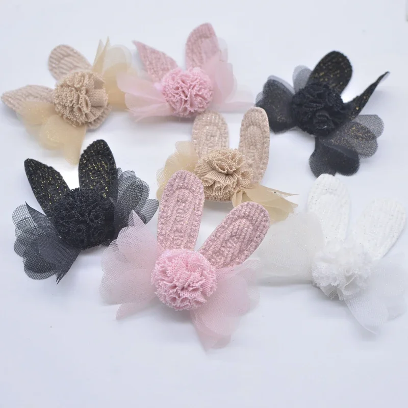 10Pcs Rabbit Ear with Chiffon Ball for DIY Clothes Socks Gloves Shoes Patch Fabric Sewing Applique Headwear Hat Hair Clips Decor