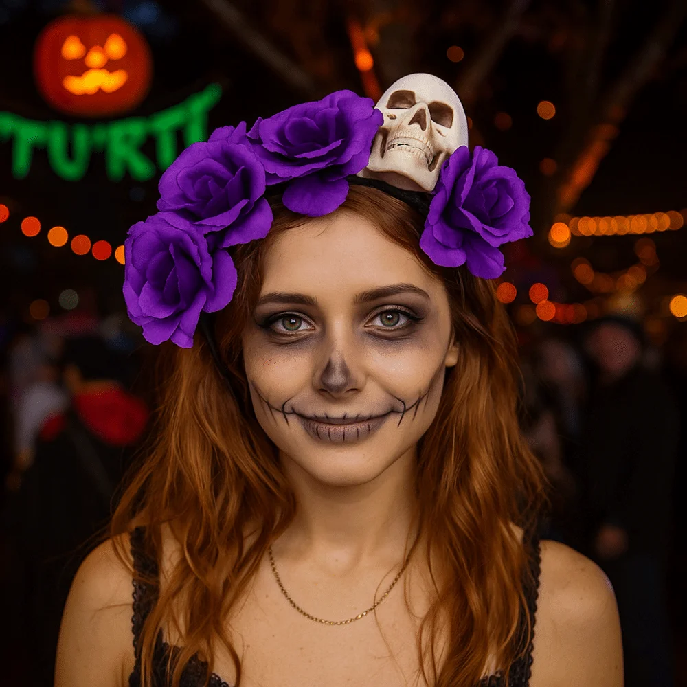 

Exaggerated Skull Head Headband Halloween Decor Colorful Halloween Hair Hoop Funny Simulation Flower Gothic Flower Hairband