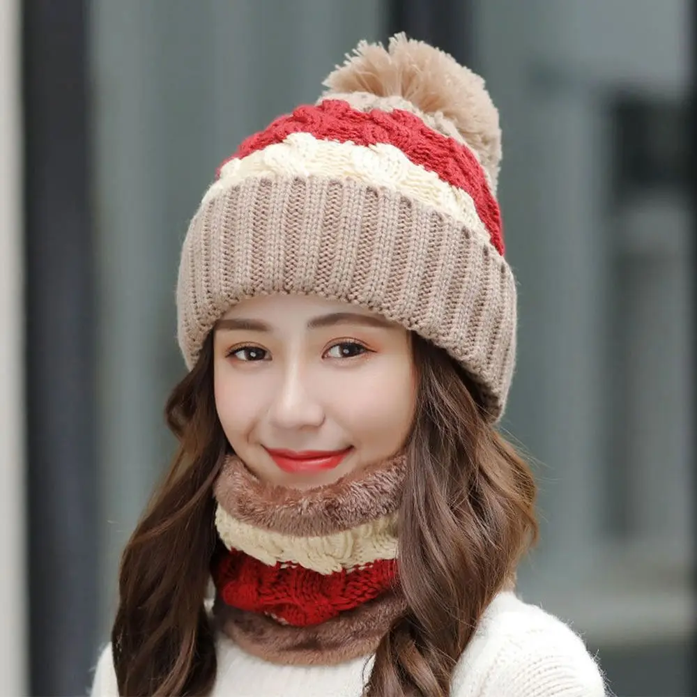 2PCS/Set Winter Warm Knitted Hat Neck Protection Soft Beanies Hat Plush Windproof Scarf Cap Women