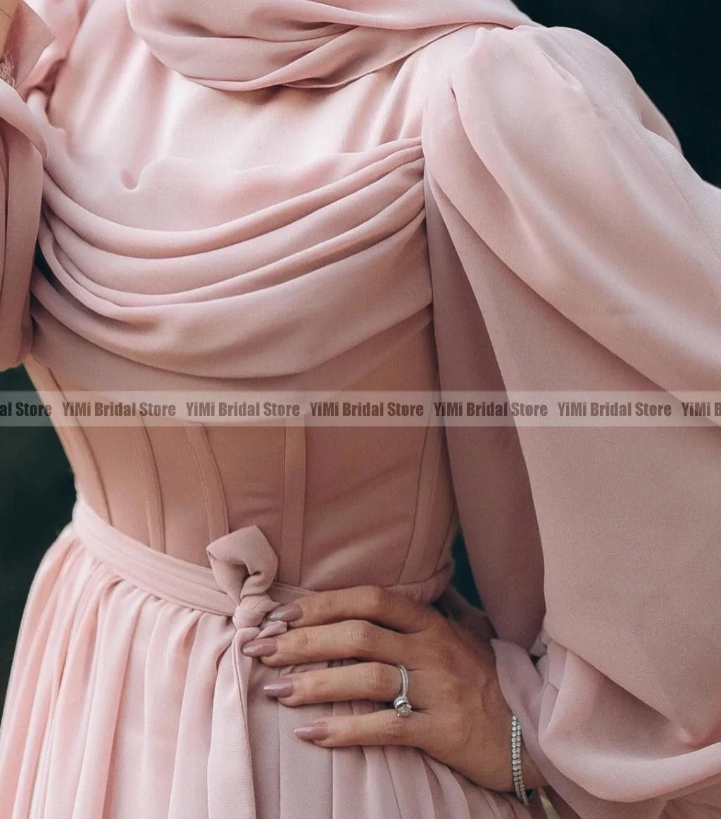 Blush Chiffon Prom Dresses for Hijab Women High Neck Long Sleeve Floor Length A Line Pleats Muslim Evening Party Gown Customized