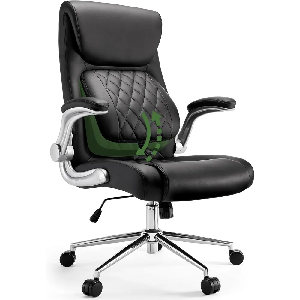 Ergonomischer Bürostuhl aus PU-Leder: 5 Einstellungen, Lordosenstütze, höhenverstellbarer Chefbürostuhl mit gepolsterten, hochklappbaren Armlehnen
