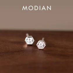 Modian New 925 Sterling Silver Simple Sparkling Zircon Hexagon Stud Earring for Women Tiny Geometric Ear Pin Fine Jewelry Bijoux