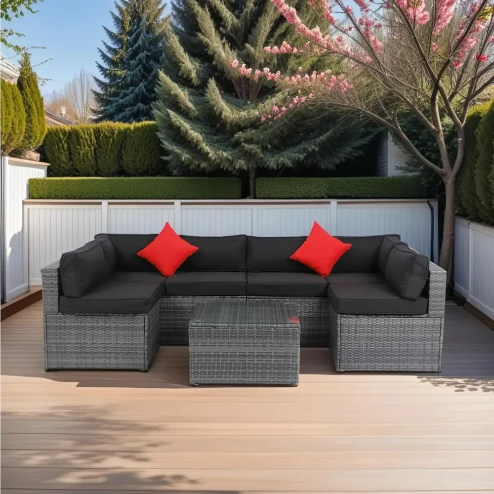 5-Pieces Patio Furniture Set with Coffee Table and 2 Pillows, PE Rattan Outdoor Conversation Sectional Sofa Seating Goup