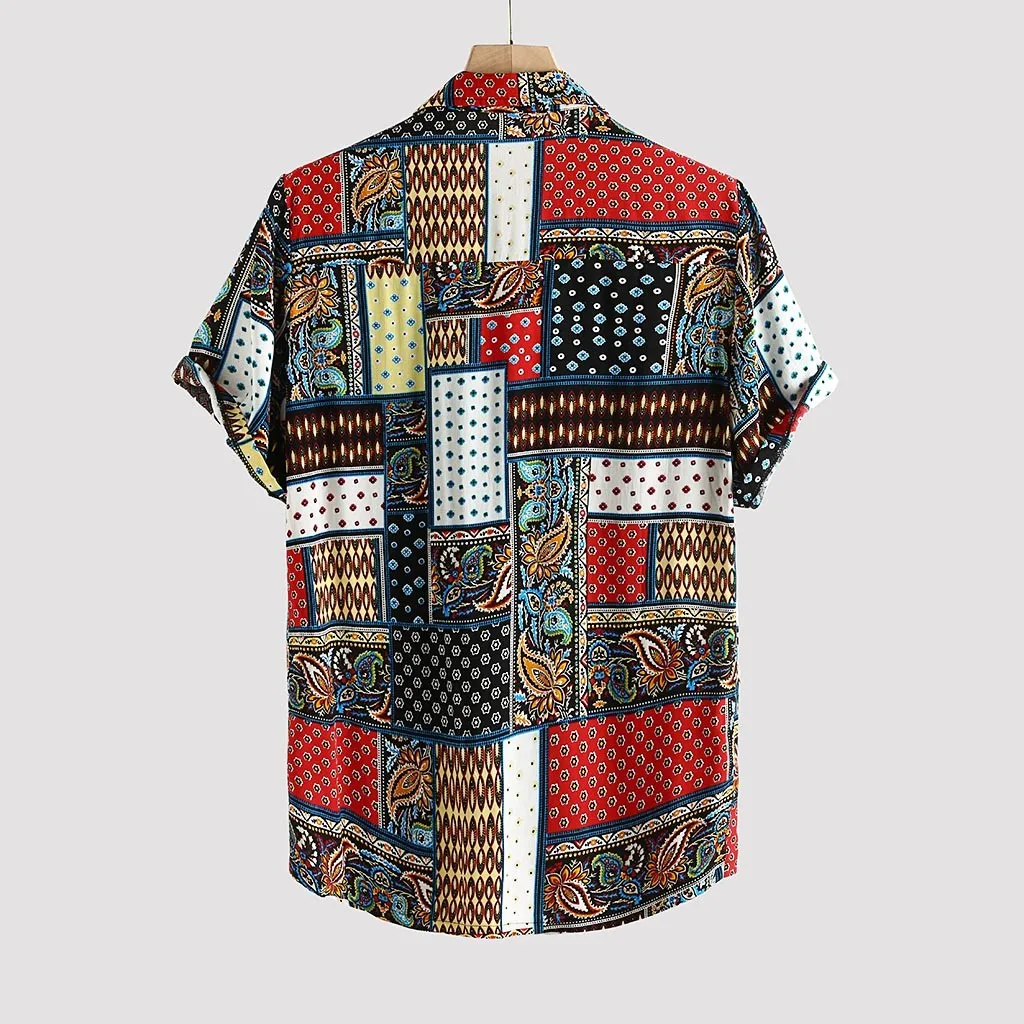 Men\'s Shirt Short Sleeve Ethnic Style Printed Shirts Folk Pattern Floral Shirt Summer Hawaiian Holiday Short Sleeve Tops