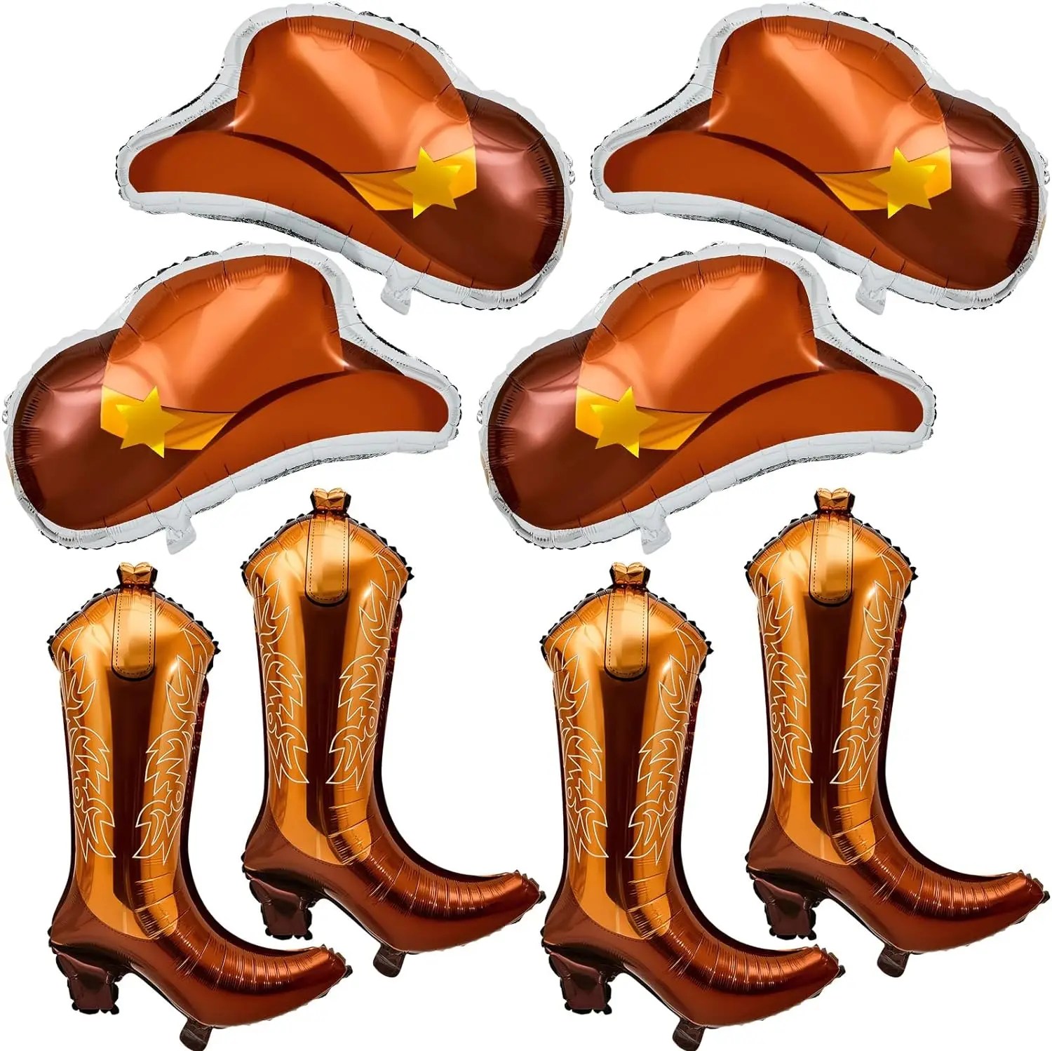 8 Western themed party balloons, including 4 cowboy boot balloons and 4 cowboy hat foil balloons