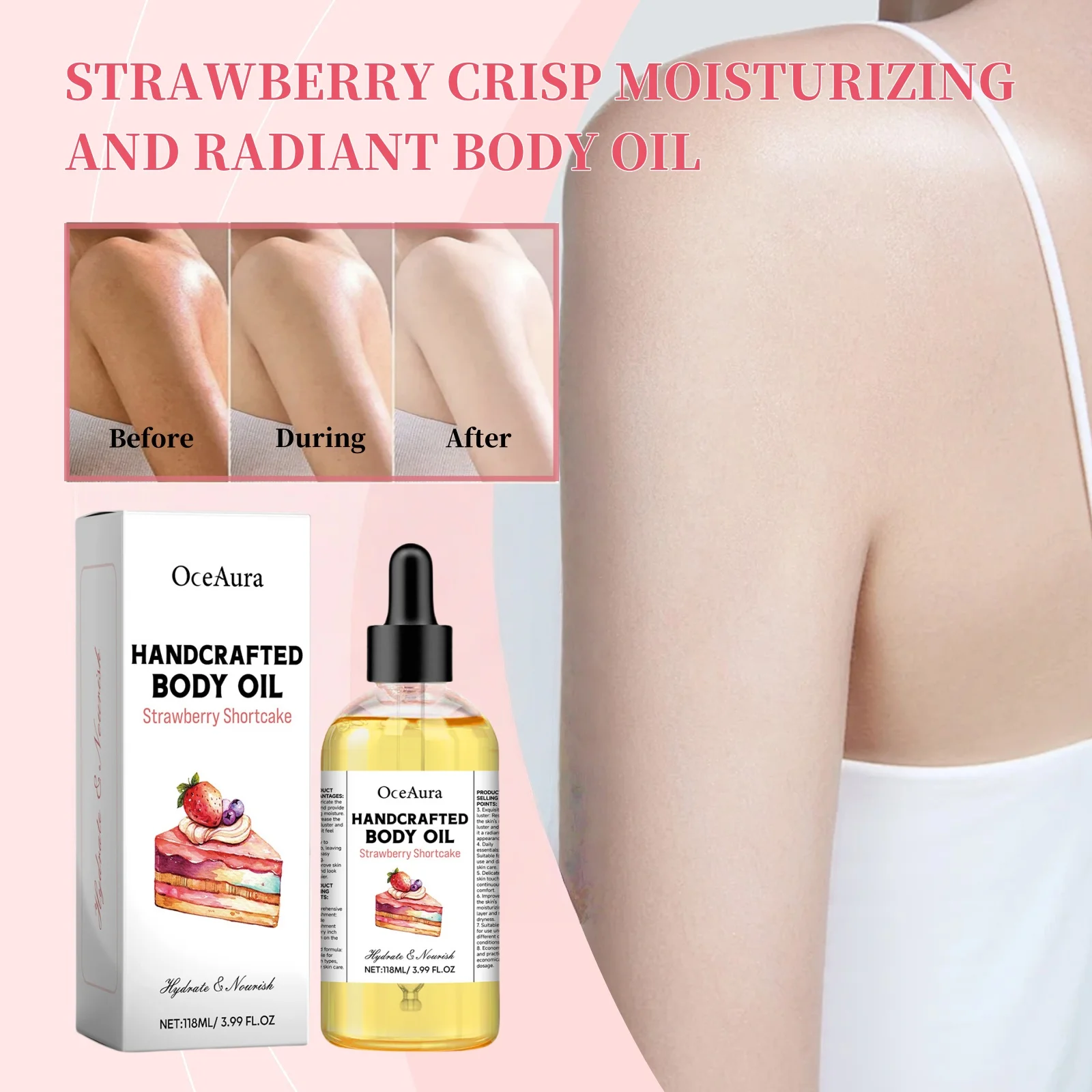 

OceAura Strawberry Scented Body Oil with Jojoba Seed Oil and Vitamin E Nourishing Lightweight Non-Greasy Fast-Absorbing Care Oil