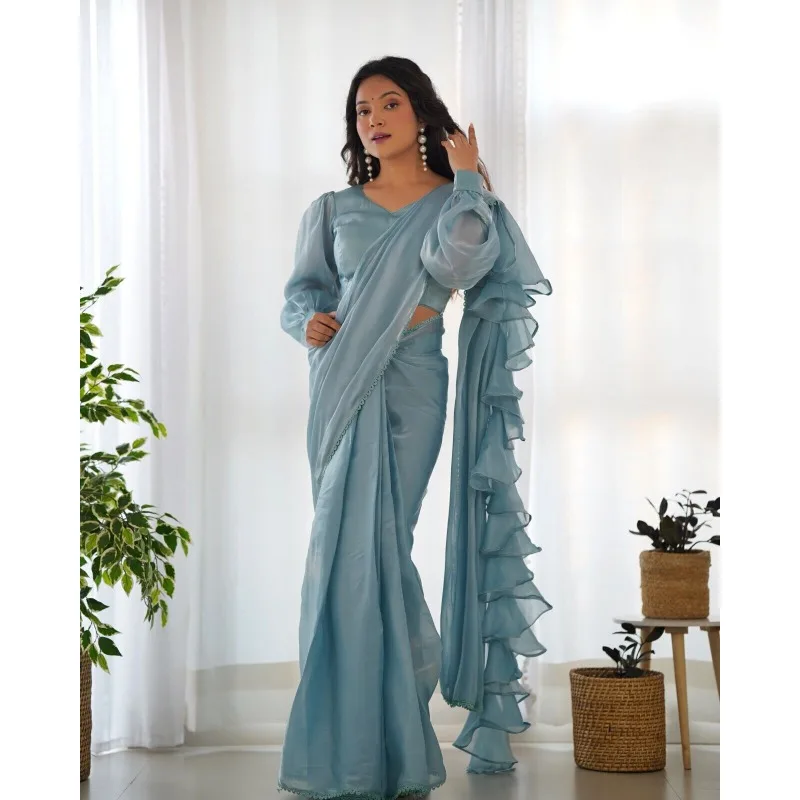 

Designer Pre Drapped Saree Blouse Bollywood Party Wear Saree Ready To Wear Sari
