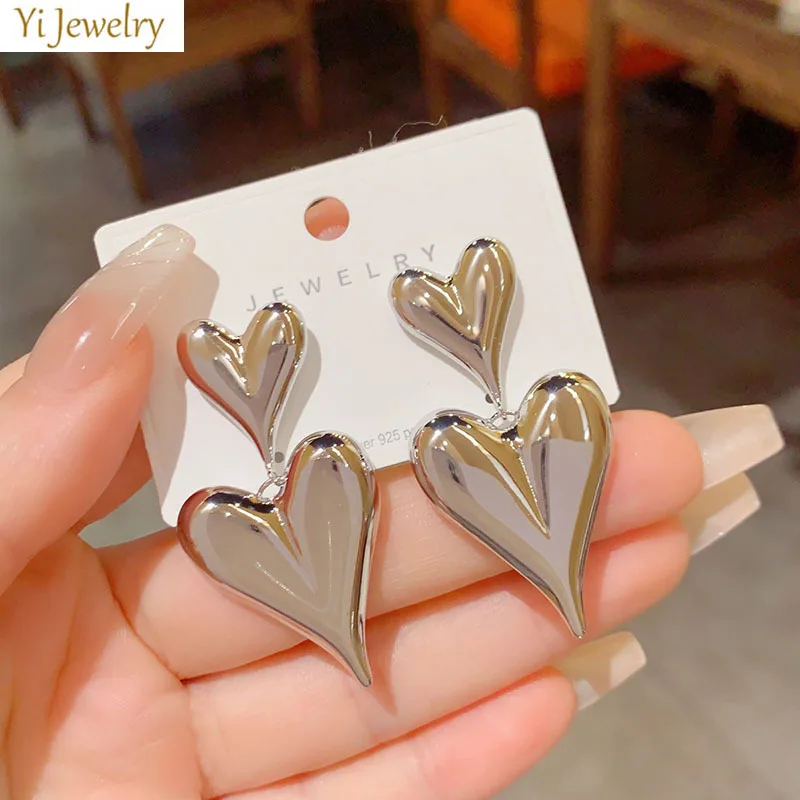 

Double Heart Drop Earrings for women silver Gold plated Metal Dangle Earrings for Dinner Party Daily Wear