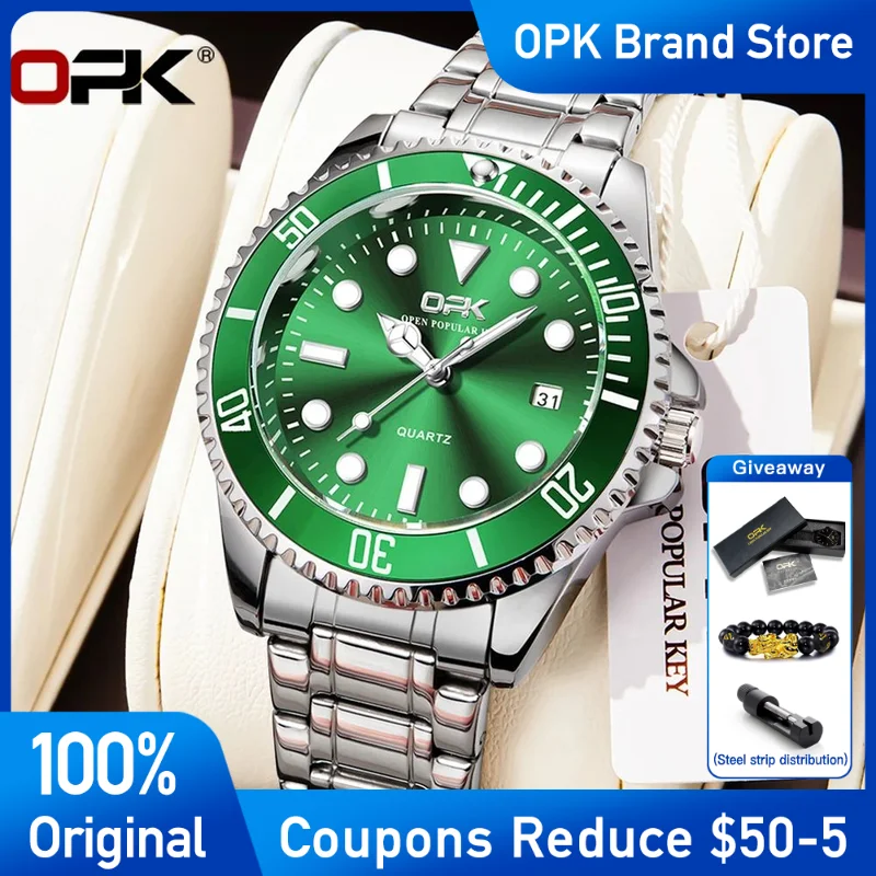 

OPK Watches Men Stainless steel green Wristwatch Original Waterproof calendar Luminous Quartz Automatic Watch Reloj Hombre