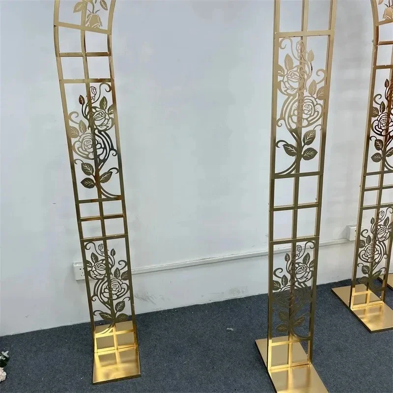 Gold-Silber Edelstahl Hochzeitsbogen, Lasergeschnittener Rosen-Hohlraum-Hintergrundständer, Metall-Rundbogen für Bühnenzeremonien – Detail 5