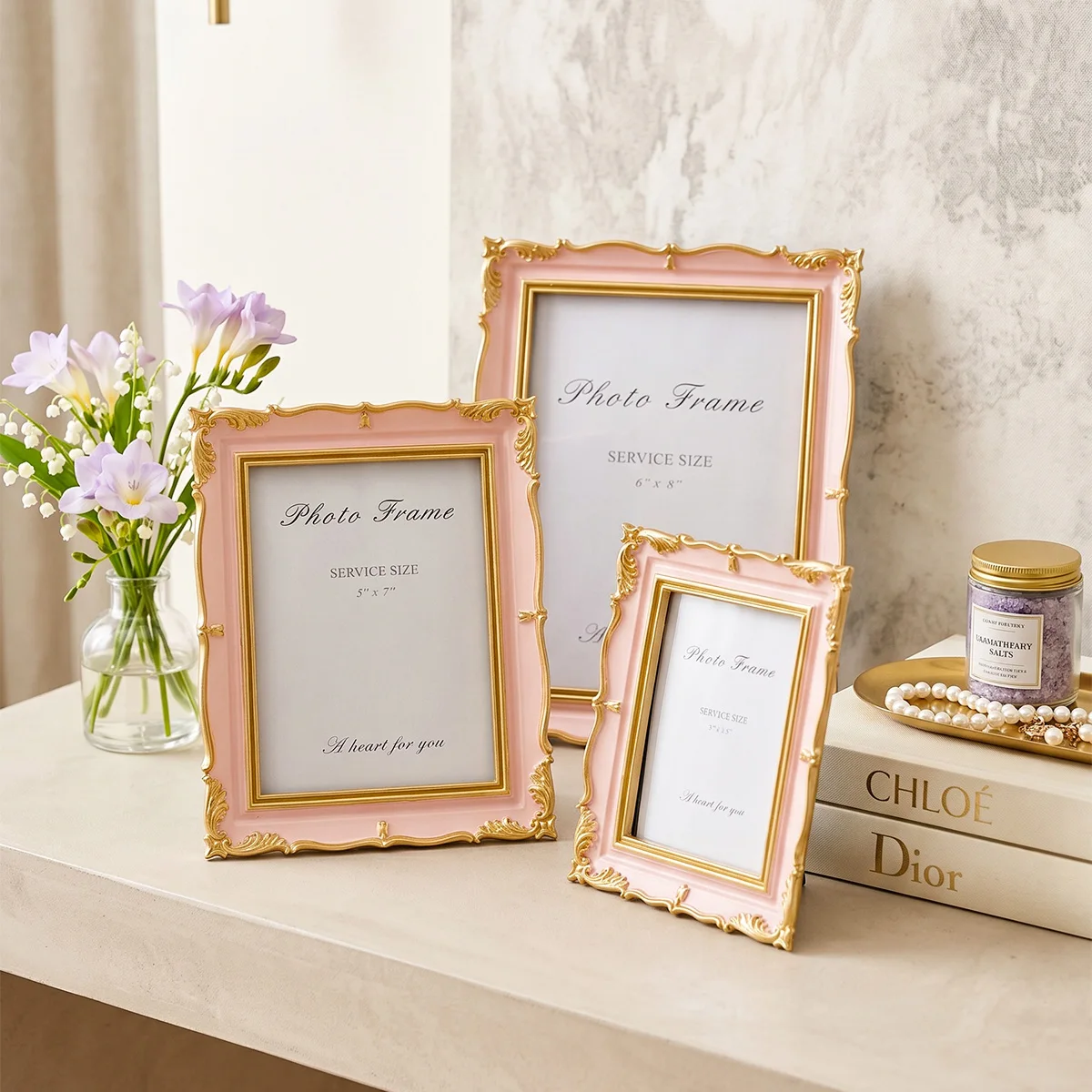 1PC, Rococo Pink-gold Color-matched Wave Relief Photo Frame, European Luxury Resin Display Stand, Wall-mounted Photo Frame