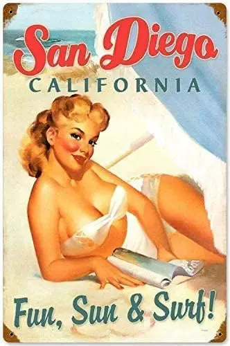 Metal Plate Tin Sign Pin Up Girl Ocean Beach San Diego California Plaque Bar Pub Vintage Retro Wall Decor Poster Home Club  sign