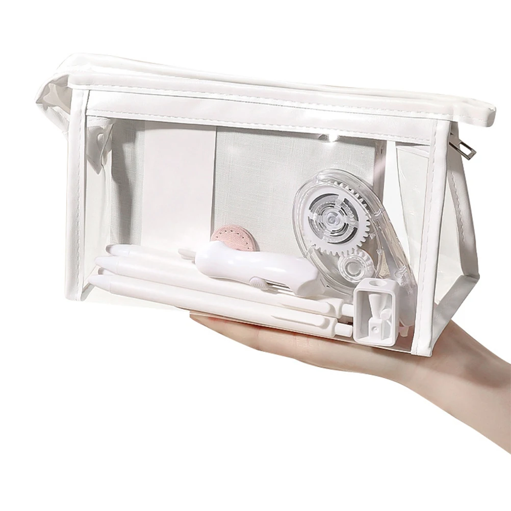 

2pcs Transparent Stationery Case Pencil Bag PVC Large Capacity Zipper Lightweight Durable Teacher Student Office Staff Clerk