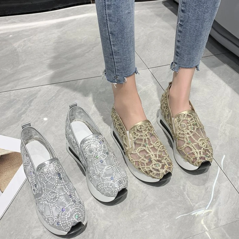 Women Sneakers 2024 Platform Wedge Embroidery Mesh Sneakers Women Slip on Casual Comfy Heeled Shoes for Women Zapatos De Mujer