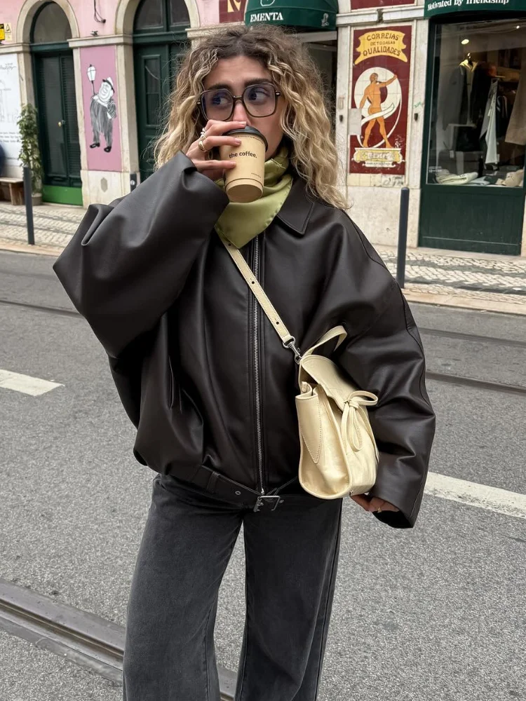 

Zipper Casual Belt Leather Short Jacket 2025 Women Fashion Lapel Pocket Loose Pu Coat Lady Autumn New Daily Highstreet Jackets