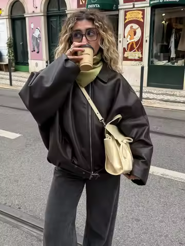 Zipper Casual Belt Leather Short Jacket 2025 Women Fashion Lapel Pocket Loose Pu Coat Lady Autumn New Daily Highstreet Jackets