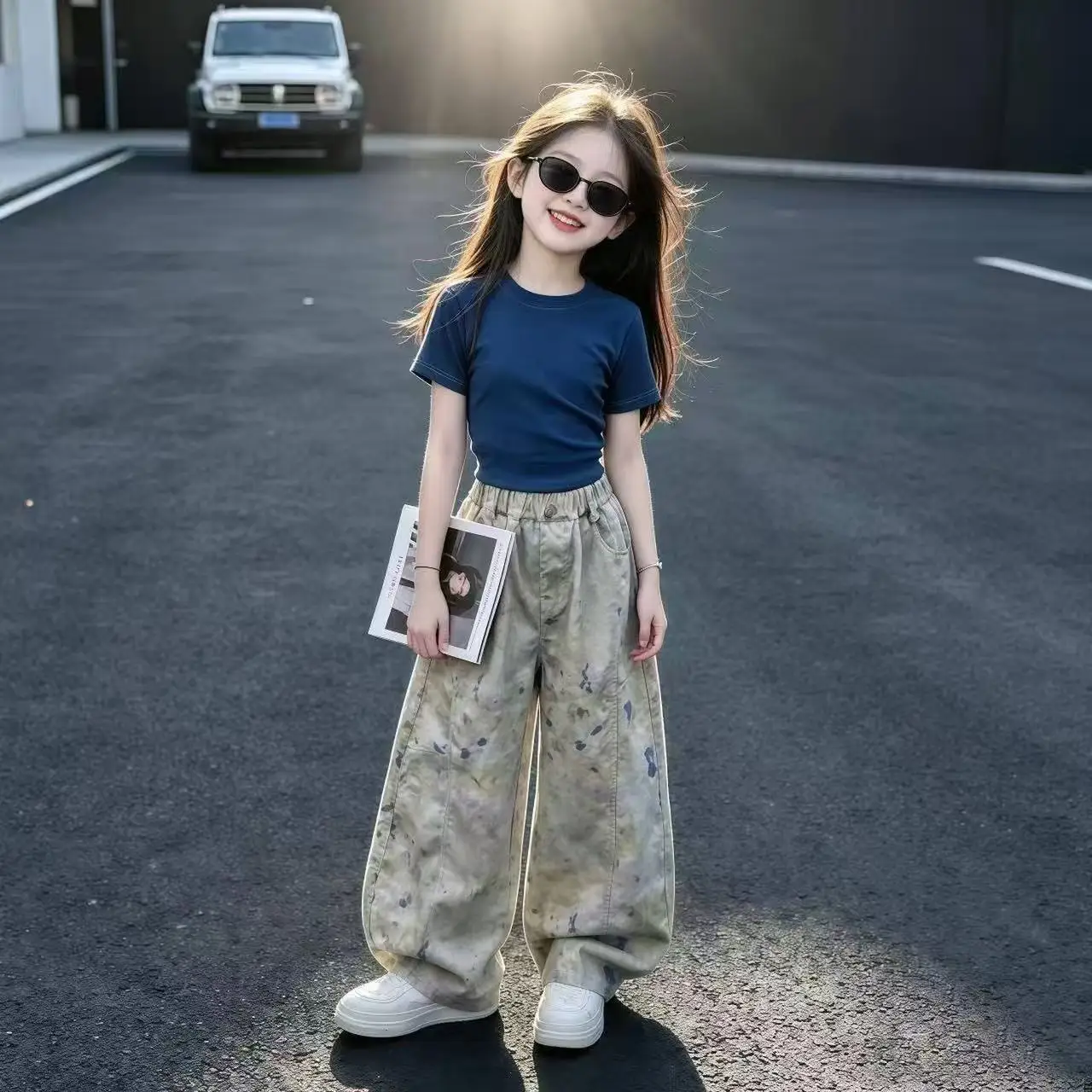 Summer Girls 2 Pcs Outfit Unique Design Loose Thin Short Sleeve Top Colorful Curved Wide Leg Pants Trendy Two Piece Set