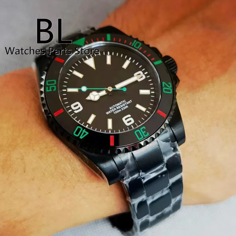 BLIGER 40mm Full Black PVD Watch For Men Sapphire Glass Black Dial No Date Green Second Hand Luminous Waterproof Adjusted Buckle