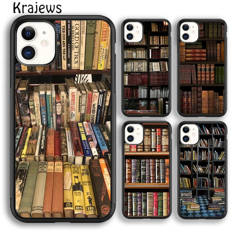 Krajews Vintage Book Library Book Shelf Soft Phone Case For iPhone 16 15 SE2020 14 6 7 8 plus 11 12 13 pro max coque Fundas