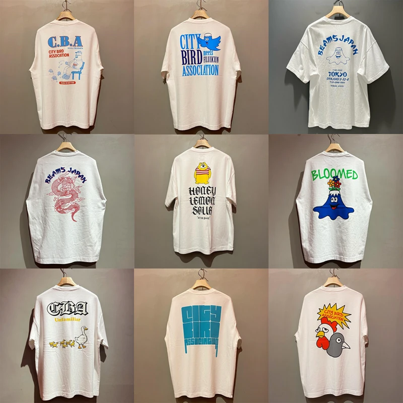 Japanese Style Trend Brand BEAMS T-shirt Unisex Breathable Cotton Cartoon Print Short Sleeve Loose  BEAMS Top Tee