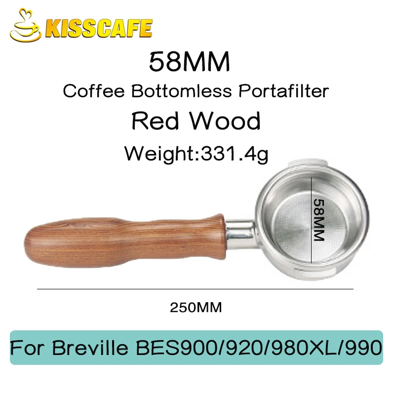 

Портативный бумажник без дна для кофе Breville BES900 920 980, красная деревянная ручка, Сменный фильтр, корзина, аксессуары для кофе, 58 мм